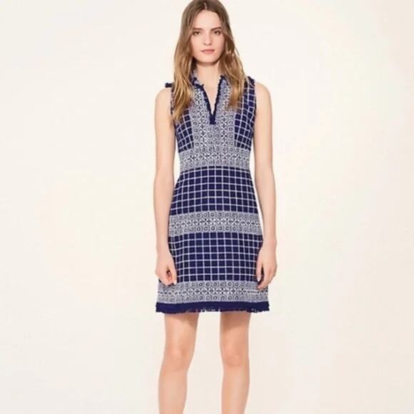 Tory Burch Navy Blue Carlsbad Tweed Fringe Dress Size 6 - Picture 1 of 11